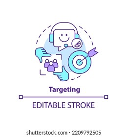 Zielgruppensymbol. Verbinden Sie sich mit potenziellen Käufern. Profitieren Sie von direktem Marketing abstrakte Idee dünne Linie Illustration. Einzeln Umrisszeichnung. Bearbeitbarer Strich. Arial, Myriad Pro Fett Schriftarten verwendet