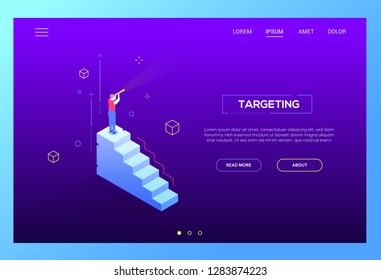 Targeting concept - modern isometric vector web banner on purple background with copy space for text. High quality illustration with businessman standing on the staircase looking through a telescope