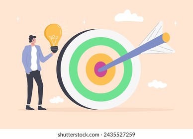 Targeting concept vector. Achieving goal. Management ideas, solution to a given problem, an arrow to the target. Businessman holding lamp.