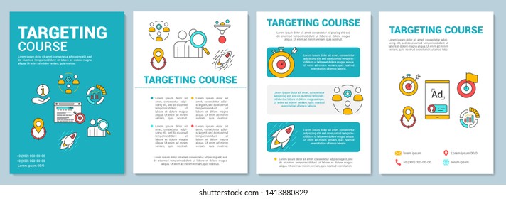 Targeting course turquoise background brochure template layout. Flyer, booklet, leaflet print design with linear illustrations. Vector page layouts for magazines, annual reports, advertising posters