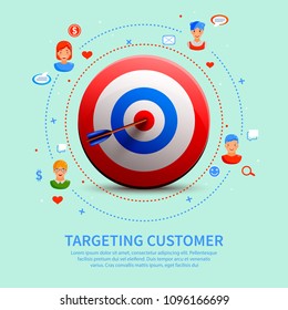 Targeting customer round composition with 3d aim, communications with clients icons on pale green background vector illustration 