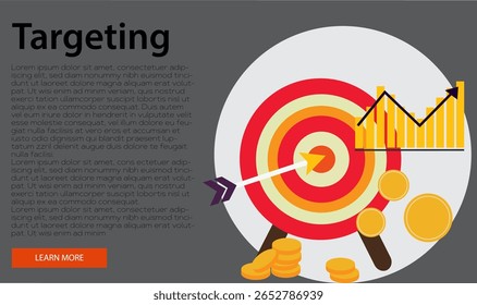 targeting graphic with red, orange, yellow concentric target and arrow hitting bullseye, surrounded by bar graph and gold coins, symbolizing financial goals and growth 