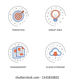 Targeting, great idea, management, cloud storage. Set of 4 flat line icons. Flat line illustration concept for web banner and printed materials. Vector illustration