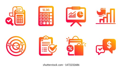 Targeting, Growth chart and Bill accounting line icons set. Presentation, Calculator and Shopping bags signs. Survey checklist, Payment received symbols. Target with arrows, Diagram graph. Vector
