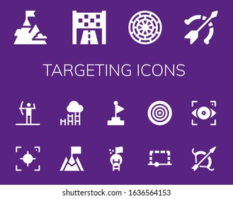 targeting icon set. 14 filled targeting icons.  Simple modern icons such as: Goal, Dart board, Archery, Focus, Dartboard