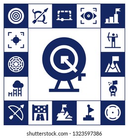 targeting icon set. 17 filled targeting icons.  Collection Of - Dartboard, Focus, Dart board, Goal, Archery