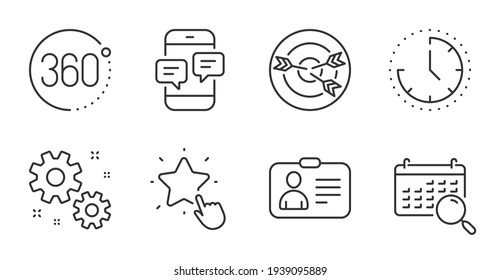 Targeting, Id card and 360 degrees icons set. Search calendar, Ranking star and Time signs. Vector