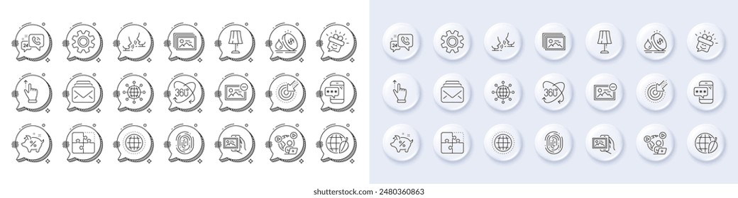 Targeting, Image album and Globe line icons. White pin 3d buttons, chat bubbles icons. Pack of Fingerprint, Video conference, Remove image icon. Phone password, Service, 24h service pictogram. Vector