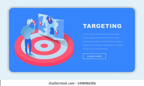 Targeting isometric landing page template. 3d finance expert, investor, businessman on dartboard choosing future projects niche on map. Targeted marketing consultancy website page design layout