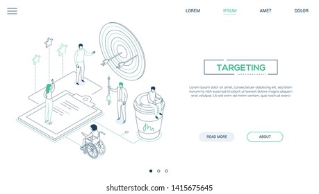 Targeting - line design style isometric web banner on white background with copy space for text. A website header with business team, male, female colleagues hitting the target, coffee cup, workpad