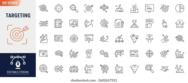 Targeting line icon. Editable stroke. Containing Leadership, Motivation, Goal, Career, Mountain Peak, Award, Winning and more. Vector illustration