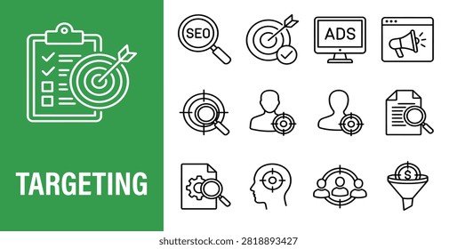 Targeting and Marketing Icon Set – Line Art Vector Collection of SEO, Target, Ads, Megaphone, and Funnel Symbols for Digital Marketing and Strategy Design.