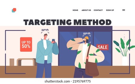 Targeting Method Landing Page Template. People Visiting Retail Store with Identification Facial Recognition System. Visitor Characters in Modern Shopping Mall Interior. Cartoon Vector Illustration