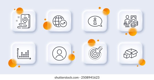 Targeting, Place and Money profit line icons pack. 3d glass buttons with blurred circles. Headshot, World statistics, Packing boxes web icon. Dot plot, Information pictogram. Vector