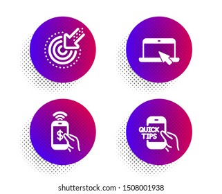 Targeting, Portable computer and Phone payment icons simple set. Halftone dots button. Education sign. Click, Notebook device, Mobile pay. Quick tips. Technology set. Vector