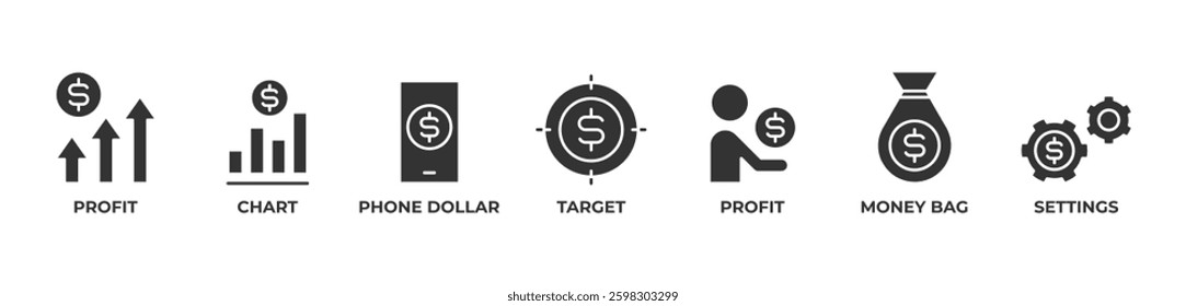 Targeting Profits Icons set vector illustration with Profit
Chart, Phone dollar, Target, Profit, Money bag, Settings