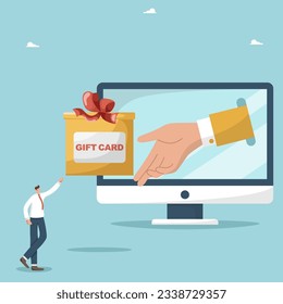 Targeting and promotion strategy, lowering the price of goods to attract customers, get a coupon or gift card, emailing promo codes and information about promotions, hand from monitor gives man a gift