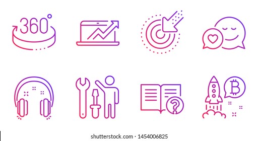 Targeting, Repairman and Sales diagram line icons set. Dating, Help and Headphones signs. 360 degrees, Bitcoin project symbols. Click, Repair screwdriver. Technology set. Vector