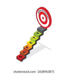 Targeting safety success with colorful steps and the word SAFETY spelled out on the steps. Vector illustration of zero accident target for industrial.