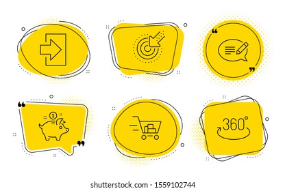 Targeting, Saving money and Full rotation signs. Chat bubbles. Message, Login and Shopping cart line icons set. Speech bubble, Sign in, Online buying. Click. Business set. Line message icon. Vector
