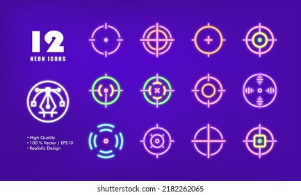 Targeting set icon. Aims, target audience, working plan, planning, schedule, table, goal, achieve, personal growth. Business concept. Neon glow style. Vector line icon for Business and Advertising.