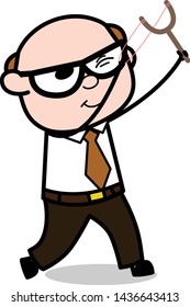 Targeting with Sling Shot - Retro Cartoon Father Old Boss Vector Illustration