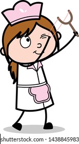 Targeting with Slingshot - Retro Cartoon Waitress Female Chef Vector Illustration