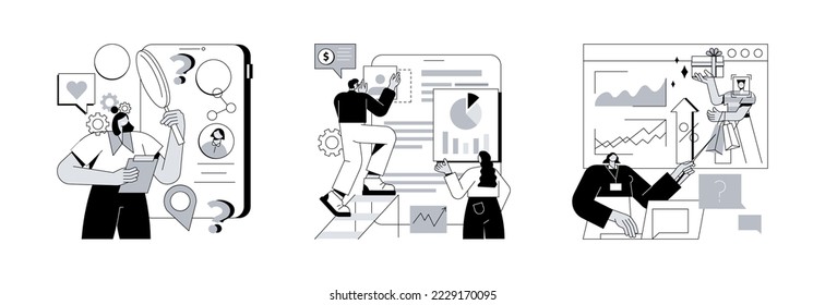 Targeting strategy abstract concept vector illustration set. Marketing research, competitor research, consumer behaviour, focus group, survey agency, target audience, analysis abstract metaphor.