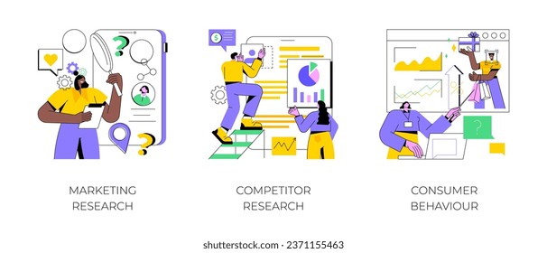 Targeting strategy abstract concept vector illustration set. Marketing research, competitor research, consumer behaviour, focus group, survey agency, target audience, analysis abstract metaphor.