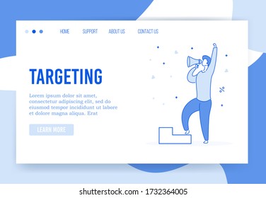 Targeting strategy advertising business landing page. Digital marketing, promotion campaign on target audience attraction. Man shouting in megaphone loudspeaker. Build successful aim advertisement