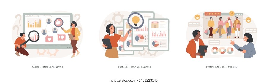 Targeting strategy isolated concept vector illustration set. Marketing research, competitor research, consumer behaviour, focus group, survey agency, target audience, analysis vector concept.