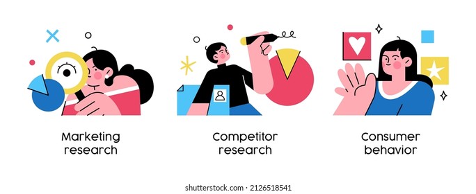 Targeting strategy - set of business concept illustrations. Marketing research, Competitor research, Consumer behavior. Visual stories collection