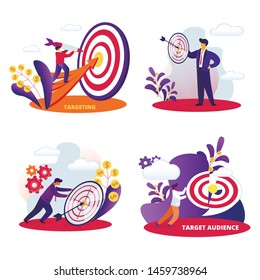Targeting, Target Audience Set. Aim in Business, Aspirational People Mission Achieved. Challenge, Task Solution, Business Strategy Opportunity, Goals Achievement. Cartoon Flat Vector Illustration