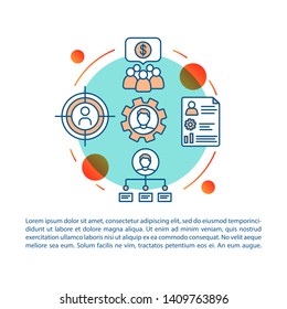 Targeting turquoise circle article page vector template. Brochure, magazine, booklet design element with linear icons and text boxes. Print design. Concept illustrations with text space 