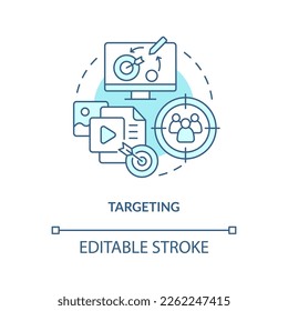 Targeting turquoise concept icon. Focus on audience. Social media advertising benefit abstract idea thin line illustration. Isolated outline drawing. Editable stroke. Arial, Myriad Pro-Bold fonts used