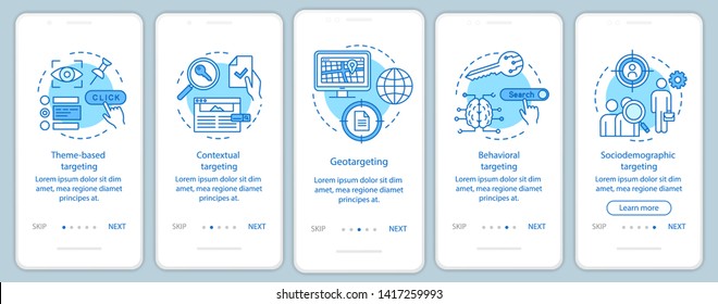 Targeting types blue onboarding mobile app page screen vector template. Targeted advertising walkthrough website steps with linear illustrations. UX, UI, GUI smartphone interface concept