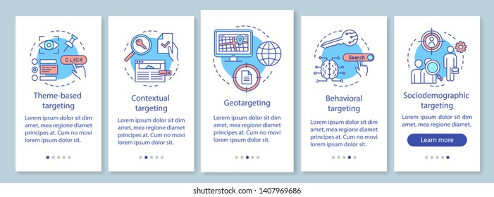 Targeting types onboarding mobile app page screen with linear concepts. Human based targeted advertising walkthrough steps graphic instructions. UX, UI, GUI vector template with illustrations