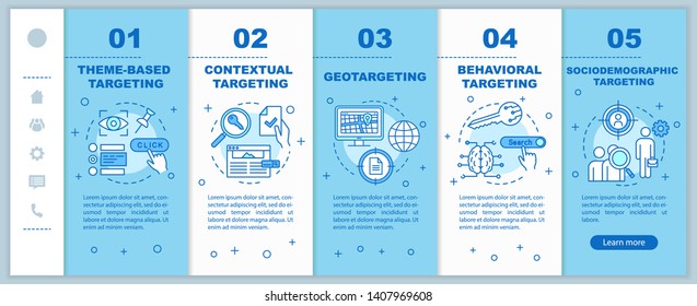 Targeting types onboarding mobile web pages vector template. Responsive smartphone website interface idea with linear illustrations. Webpage walkthrough step screens. Color concept 