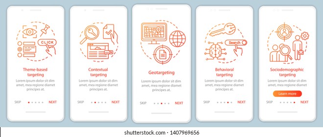 Targeting types orange gradient onboarding mobile app page screen vector template. Targeted advertising walkthrough website steps with linear illustrations. UX, UI, GUI smartphone interface concept