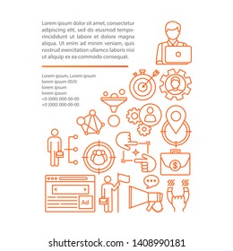 Targeting white background article page vector template. Brochure, magazine, booklet design element with linear icons and text boxes. Print design. Concept illustrations with text space 