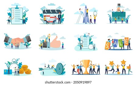 Targeting,office work,time management, contract conclusion, rating, new project.A set of flat icons vector illustrations on the topic of business and technology.