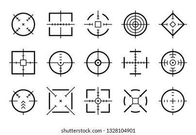 Targets destination. Aim sniper shoot focus cursor bullseye mark targeting aiming sight center game dot pointer set, vector clipart