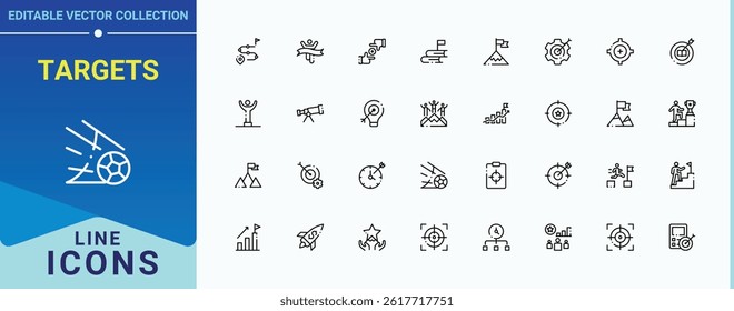 Targets icon set. Contain linear sign grow, achieve, success, achievement, strategy, business and more. Goals related icon set. Simple line vector icons. Vector illustration.