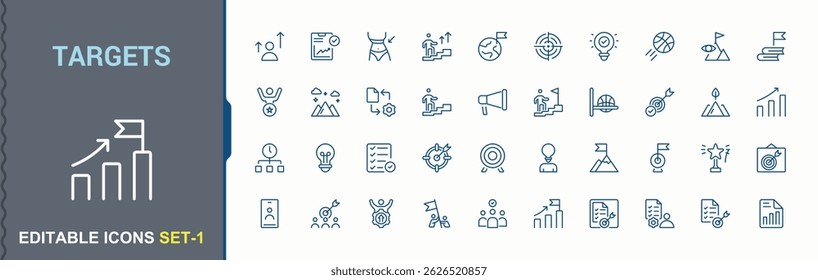 Ícone de destinos definido. Incluído ganho, estratégia, sucesso, negócios e muito mais. Ícone de metas do pacote. Pacote mínimo de ícones. Traçado editável. Ilustração vetorial.