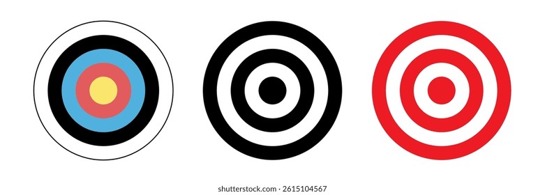 Targets icon set. Three target symbols with concentric circles in different color schemes. Vector illustration.