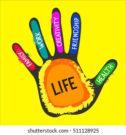 Targets of life. Vector hand lettering on fingers - work, family, friendship, health, creativity, life. Concept of life balance, choice, harmony.