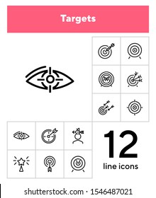 Targets line icon set. Accomplished goal, archery range, award winning. Goal concept. Can be used for topics like focus, goal achieving, darts