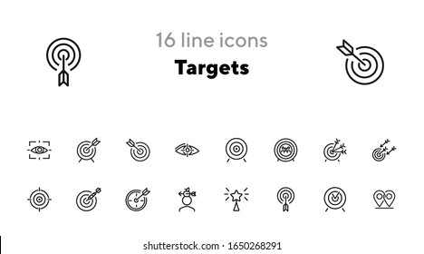 Targets line icon set. Accomplished goal, archery range, award winning. Goal concept. Can be used for topics like focus, goal achieving, darts