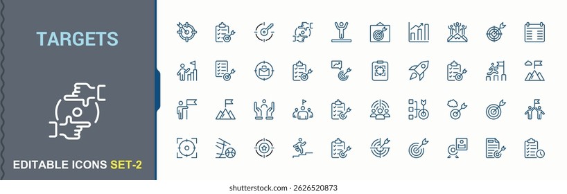 Conjunto de iconos de línea de destino. Con éxito, lograr, crecer, ganar, estrategia y más. Conjunto de iconos de objetivos. Iconos lineales mínimos. Vector ilustración y obra de arte.