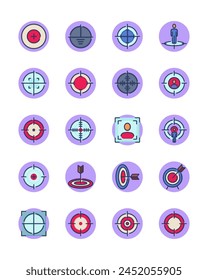 Iconos de línea de destino establecidos. Apunta al juego de disparos, tiro de francotirador preciso, enfoque, diana, cruz. Colección de ícono de Vector delgado para precisión, militar, concepto de diana